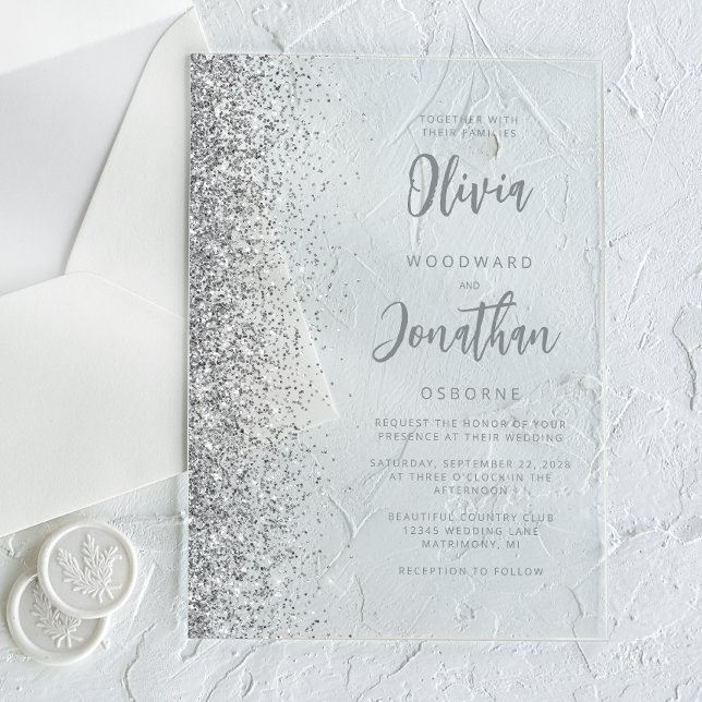 Silver Glitter Modern Script Wedding Acrylic Invitations (Creator Uploaded)