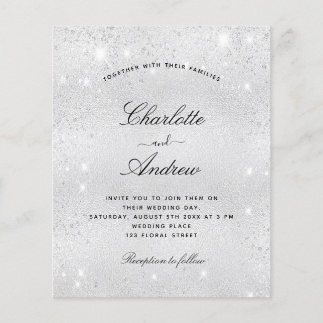 Silver glitter modern script wedding invitation (Front)