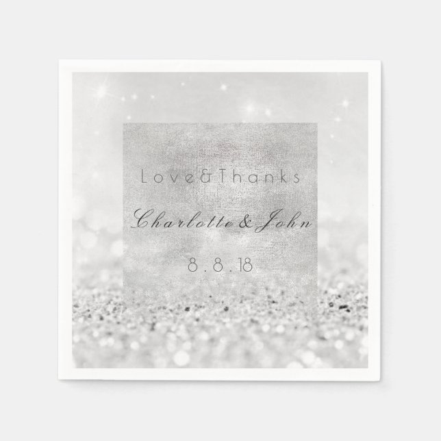 Silver Glitter Monochromatic White Black Wedding Napkins (Front)