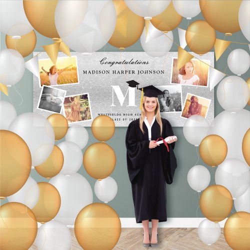 Silver Glitter Monogram 6 Photo Graduation Party Banner