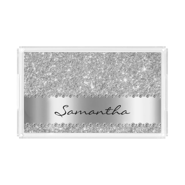 Silver Glitter Monogram Bling Diamond Acrylic Tray (Front)