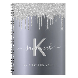 Silver glitter monogram diary script elegant notebook