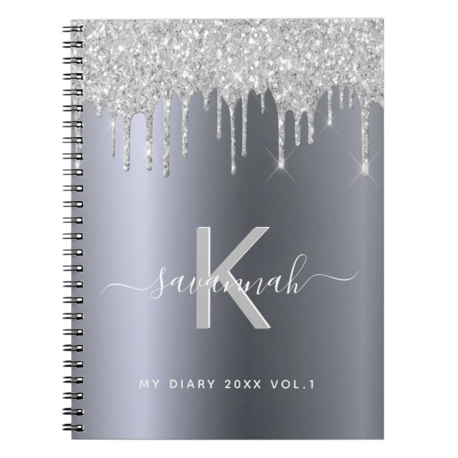 Silver glitter monogram diary script elegant notebook (Front)