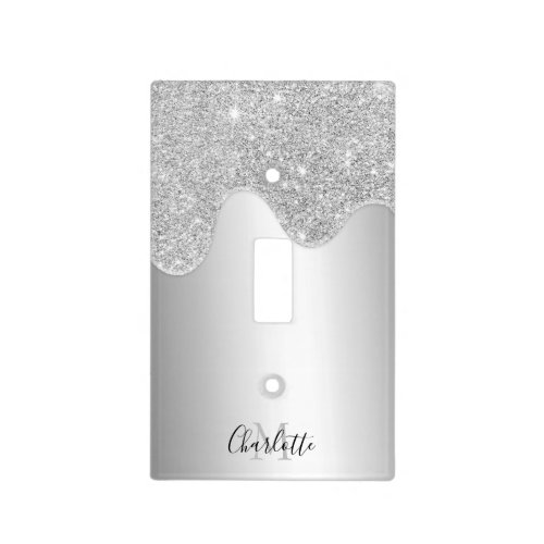 Silver glitter monogram drips metallic gray light switch cover