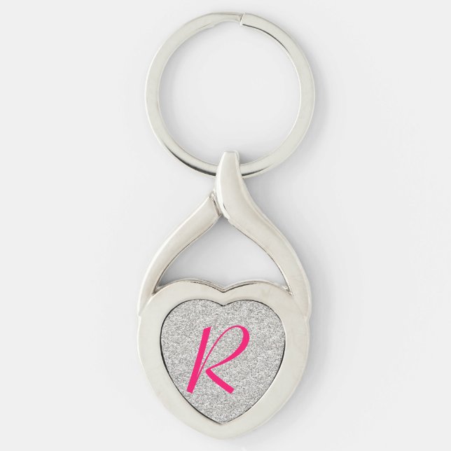 Silver Glitter Monogram Heart Key Chain (Front)