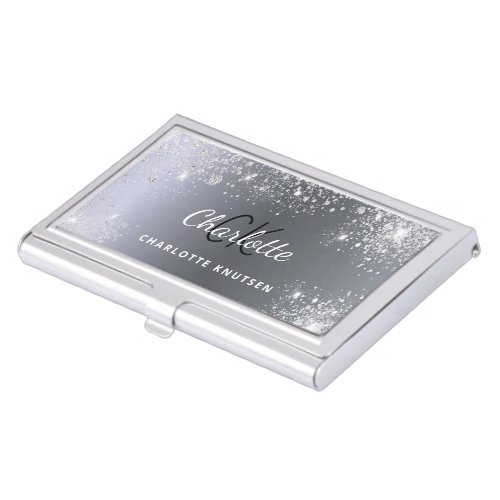 Silver glitter monogram initails name business card case