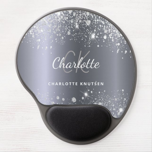 Silver glitter monogram initails name gel mouse pad (Front)