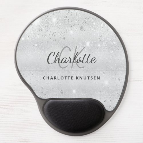 Silver glitter monogram initails name gel mouse pad
