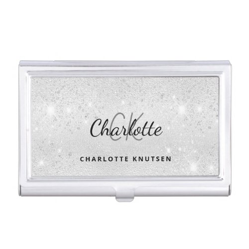 Silver glitter monogram initails name glamorous business card case