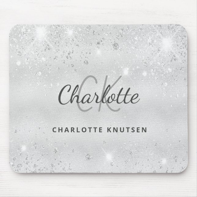 Silver glitter monogram initails name metallic mouse pad (Front)