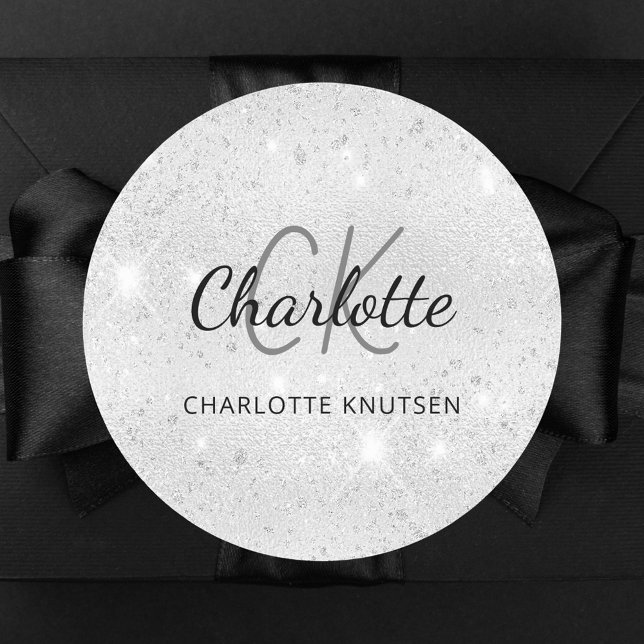 Silver glitter monogram initials name classic round sticker (Creator Uploaded)