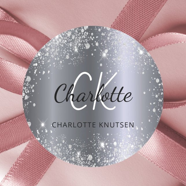 Silver glitter monogram initials name classic round sticker (Creator Uploaded)