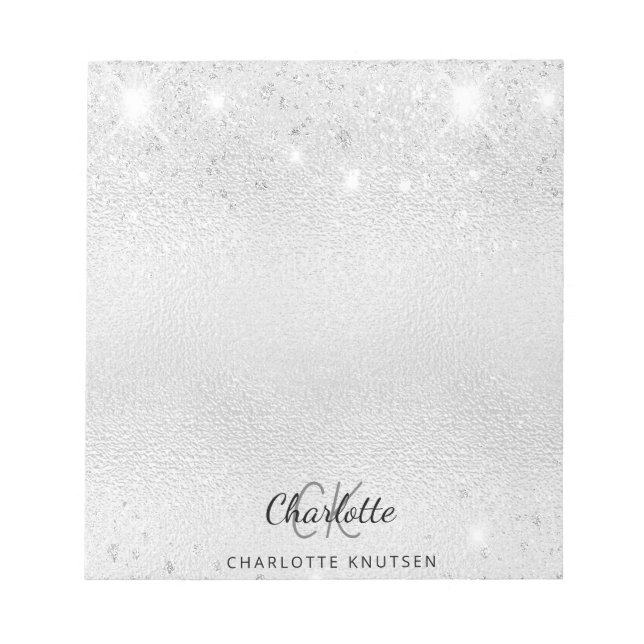 Silver glitter monogram initials name notepad (Front)