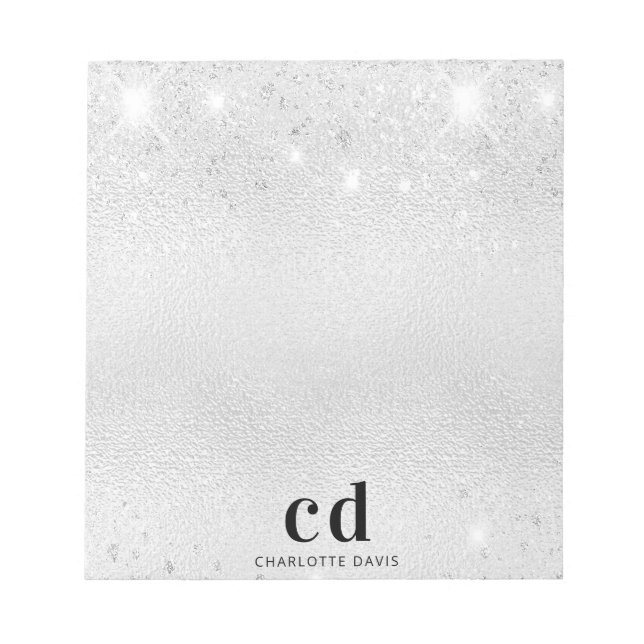 Silver glitter monogram initials name  notepad (Front)