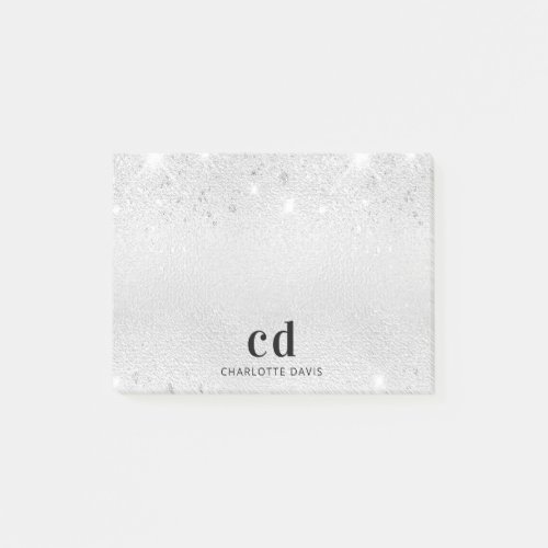 Silver glitter monogram initials name post_it notes