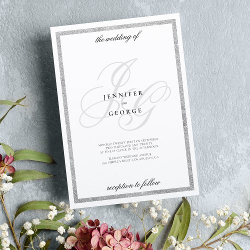Silver glitter monogram initials white wedding invitation
