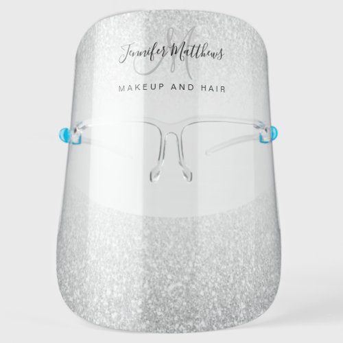 Silver Glitter Monogram Logo Makeup Salon COVID Face Shield