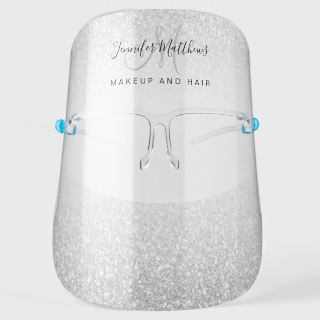 Silver Glitter Monogram Logo Makeup Salon COVID Face Shield (Front)