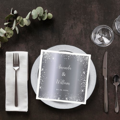 Silver glitter monogram metal wedding napkins