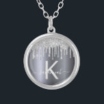 Silver glitter monogram modern elegant name silver plated necklace<br><div class="desc">Girly, trendy and monogrammed. A faux silver background decorated with faux silver glitter drips, paint dripping look. Personalize and add a name and monogram letter. Gray and white colored letters. The name is written with a modern hand lettered style script with swashes. To keep the swashes only delete the sample...</div>