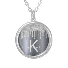 Silver glitter monogram modern elegant name silver plated necklace