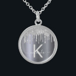 Silver glitter monogram modern elegant name sterling silver necklace<br><div class="desc">Girly, trendy and monogrammed. A faux silver background decorated with faux silver glitter drips, paint dripping look. Personalize and add a name and monogram letter. Gray and white colored letters. The name is written with a modern hand lettered style script with swashes. To keep the swashes only delete the sample...</div>