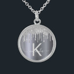 Silver glitter monogram modern elegant name sterling silver necklace<br><div class="desc">Girly, trendy and monogrammed. A faux silver background decorated with faux silver glitter drips, paint dripping look. Personalize and add a name and monogram letter. Gray and white colored letters. The name is written with a modern hand lettered style script with swashes. To keep the swashes only delete the sample...</div>