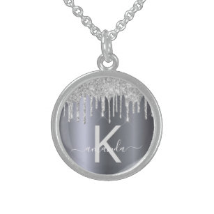 Silver glitter monogram modern elegant name sterling silver necklace