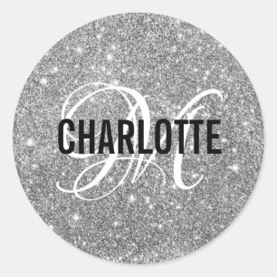 Silver glitter monogram name Classic Round Sticker