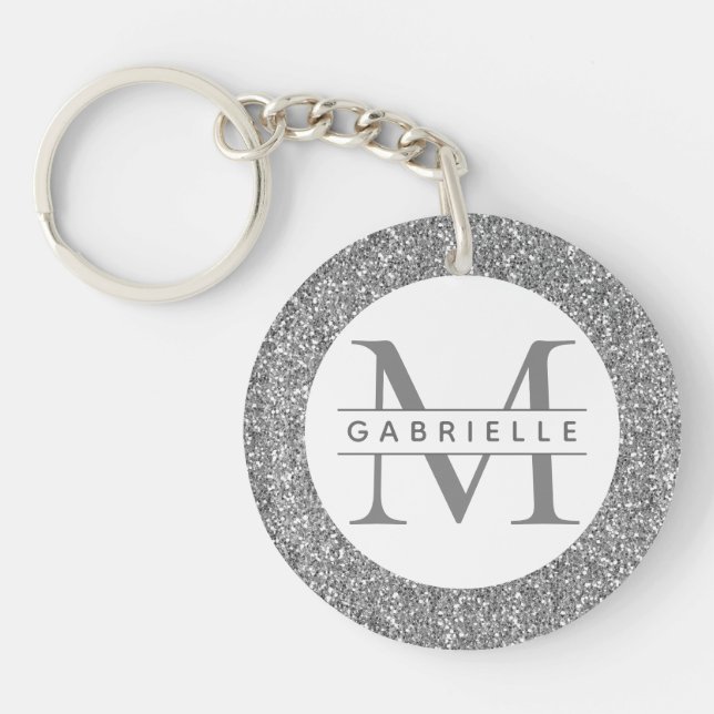 Silver Glitter Monogram Name Keychain (Front)