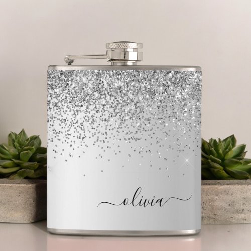 Silver Glitter Monogram Name Luxury Girly Flask