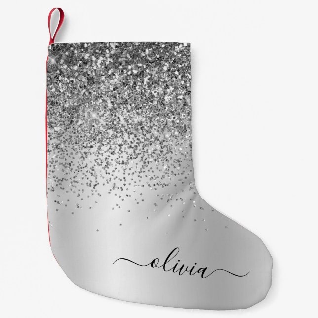 Silver Glitter Monogram Name Luxury Girly Small Christmas Stocking (Front)