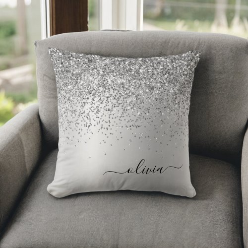Silver Glitter Monogram Name Luxury Girly Throw Pillow