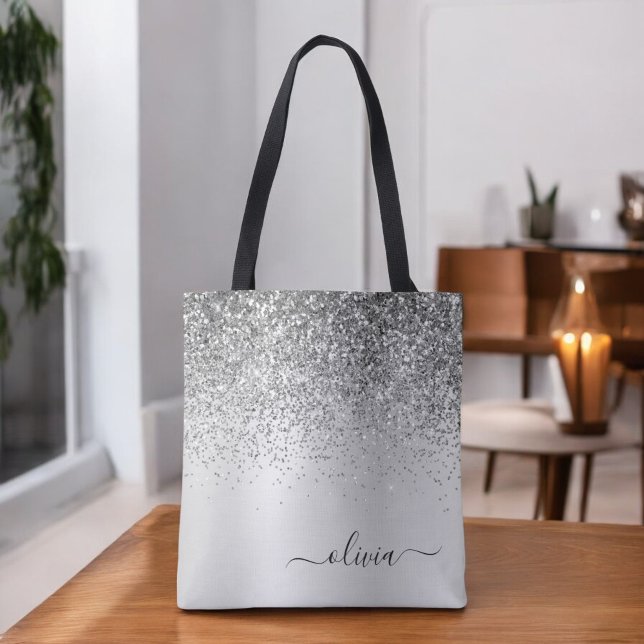 Silver Glitter Monogram Name Luxury Girly Tote Bag (Creator Uploaded)