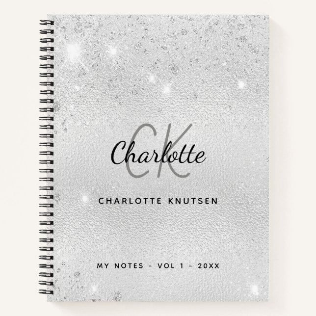 Silver glitter monogram name notebook (Front)