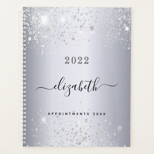 Silver glitter monogram name script 2025 planner (Front)