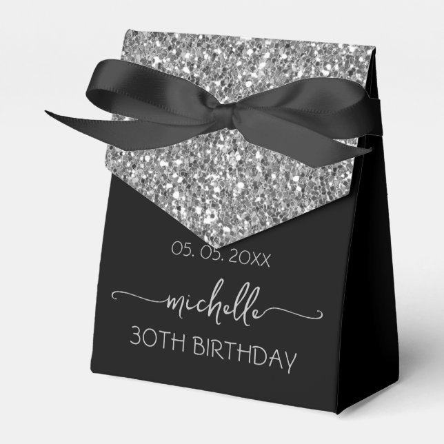 Silver Glitter Monogram Name Script 30th Birthday  Favor Boxes (Front Side)