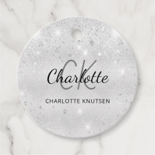 Silver glitter monogram name script favor tags