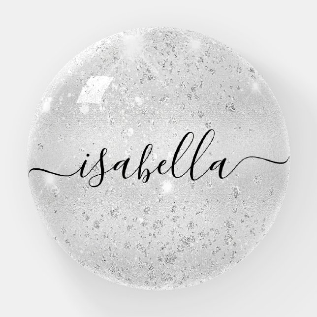 Silver glitter monogram name script paperweight (Front)