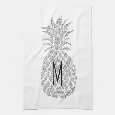Silver Glitter Monogram Pineapple Kitchen Towel