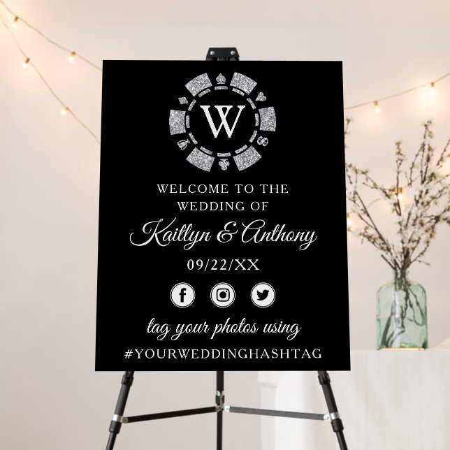 Silver Glitter Monogram Poker Chip Casino Wedding Foam Board (In Situ (Stand))