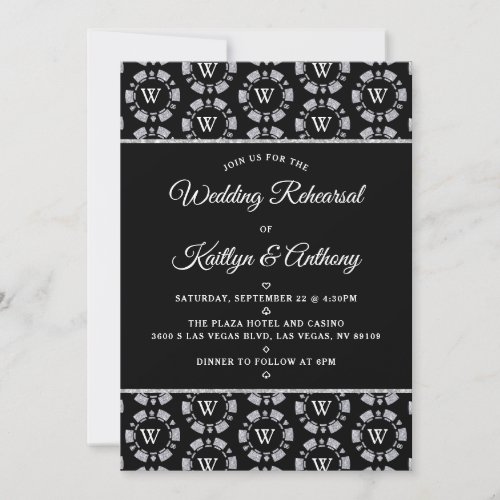 Silver Glitter Monogram Poker Chip Casino Wedding Invitation