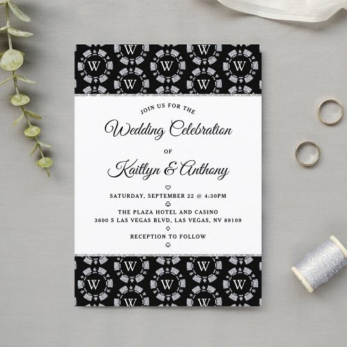 Silver Glitter Monogram Poker Chip Casino Wedding Invitation