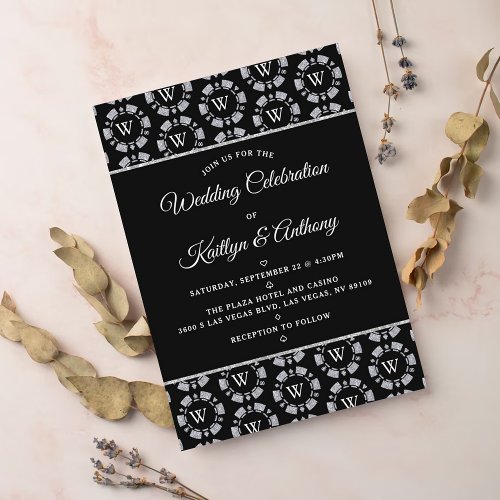 Silver Glitter Monogram Poker Chip Casino Wedding Invitation