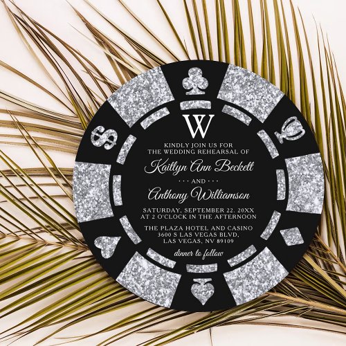 Silver Glitter Monogram Poker Chip Casino Wedding Invitation