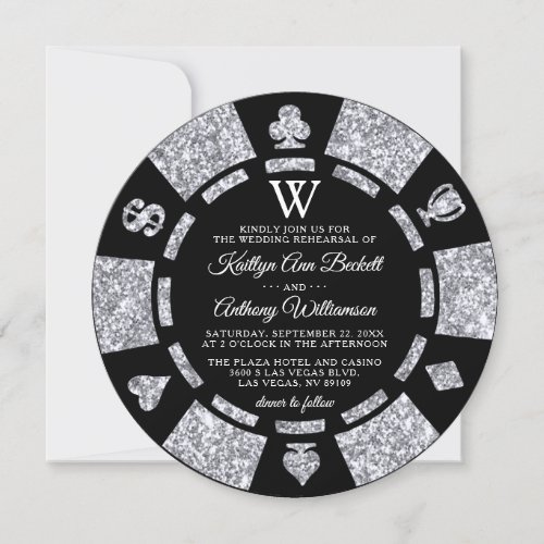 Silver Glitter Monogram Poker Chip Casino Wedding Invitation