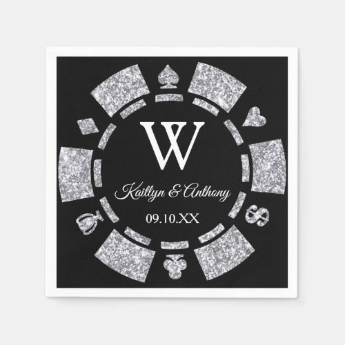 Silver Glitter Monogram Poker Chip Casino Wedding Napkins