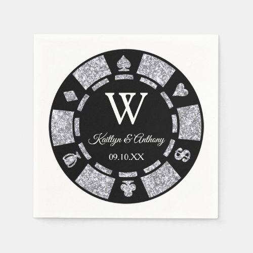 Silver Glitter Monogram Poker Chip Casino Wedding Napkins