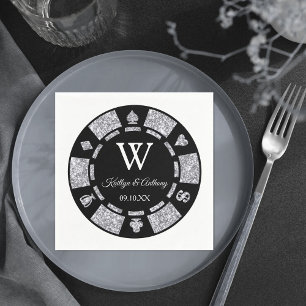 Silver Glitter Monogram Poker Chip Casino Wedding Napkins