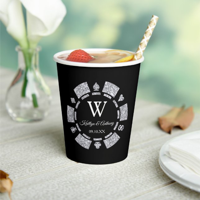 Silver Glitter Monogram Poker Chip Casino Wedding Paper Cups (Insitu)